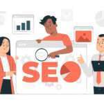 A laptop with a marketing dashboard displaying SEO analytics, keyword rankings, and web traffic performance metrics.