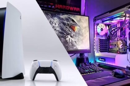 A custom PC gaming setup with RGB lighting placed next to a PlayStation 5 and Xbox Series X console on a desk, illustrating the console vs PC gaming debate.