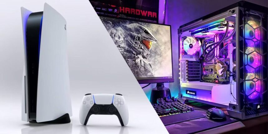 A custom PC gaming setup with RGB lighting placed next to a PlayStation 5 and Xbox Series X console on a desk, illustrating the console vs PC gaming debate.