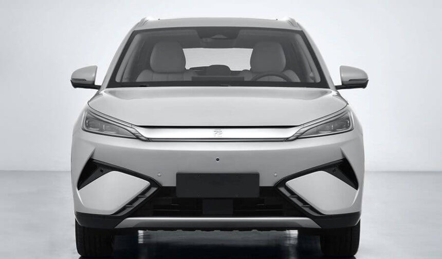 Front view of the 2026 BYD Atto 3 in Ski White showing revised LED headlights