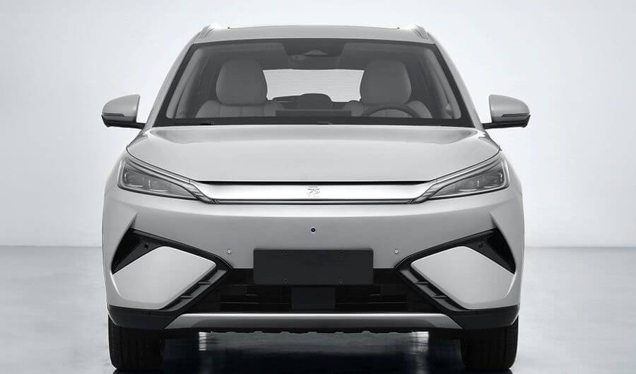 Front view of the 2026 BYD Atto 3 in Ski White showing revised LED headlights