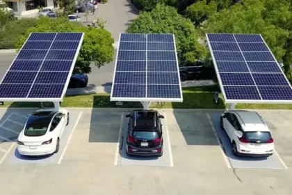 Electric vehicle charging at a solar-powered station 2025